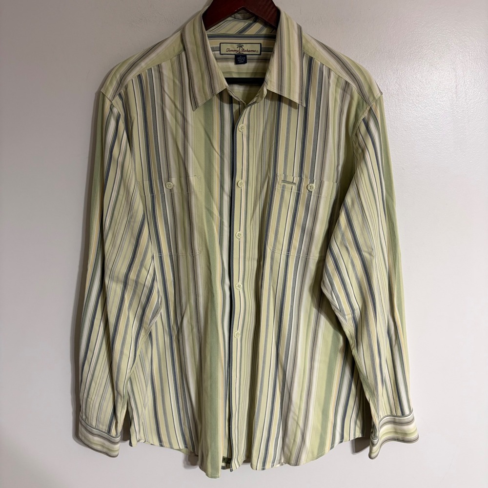 Tommy Bahama Mens Large 100% Silk Striped Long Sleeve Button Down Shirt Green